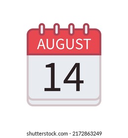 Calendar icon of 14 August. Date and month. Flat vector illustration.