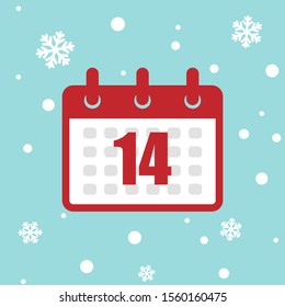 Calendar icon 14 of december 2020 year isolated on snow background. Vector Christmas advent calendar. Winter holidays poster with date. Cute day decoration. Flat icon calendar. 