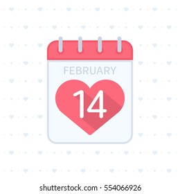 Calendar icon 14 February Valentine's Day. Tear-off calendar sign with pink heart. Love concept. Vector illustration in flat style. heart. Party poster, greeting card, banner or invitation. 