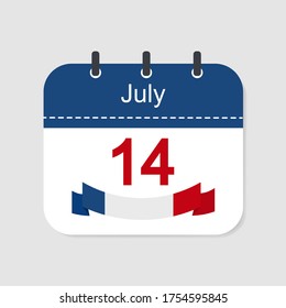 Calendar icon 14 July French National Day. Happy Bastille Day