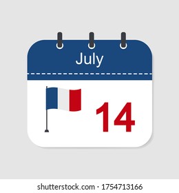 Calendar icon 14 July French National Day. Happy Bastille Day
