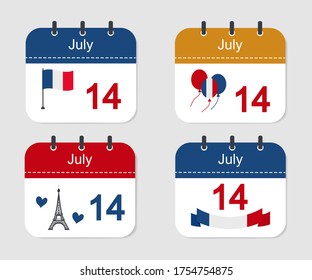 Calendar icon 14 July French National Day. Set of cards Happy Bastille Day
