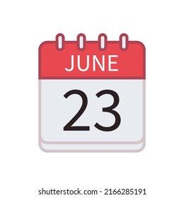 Calendar icon of 23 June. Date and month. Flat vector illustration.