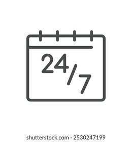 Ícone de Calendário com o Símbolo 24 7 para Disponibilidade Contínua, Programação 24 horas e Gerenciamento de Serviços. Design de calendário de vetor de linha editável.