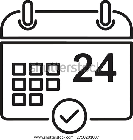 Calendar Icon with 24 Hours Availability and Check Mark Symbol in Line Art Style