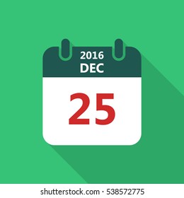 Calendar icon 25 of december 2016 year Christmas with long shadow isolated on green background. Calendar in flat style, vector.