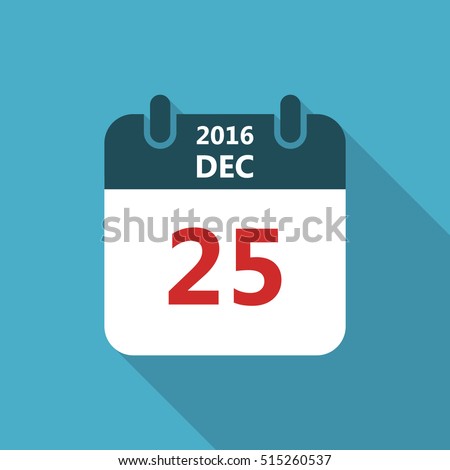 Calendar icon 25 of december 2016 year Christmas with long shadow isolated on blue background. Calendar in flat style, vector.