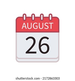 Calendar icon of 26 August. Date and month. Flat vector illustration.