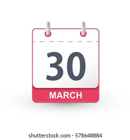Calendar Icon 30 March. Vector illustration of calendar with the date 30 March.