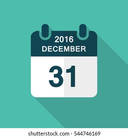 Icono del calendario 31 de diciembre de 2016 año con una larga sombra aislada en fondo verde. Calendario en estilo plano para vectores de víspera de año nuevo.