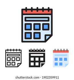 Calendar icon with 4 different styles. Filled, outline, glyph and line colored.