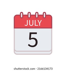 Calendar icon of 5 July. Date and month. Flat vector illustration.