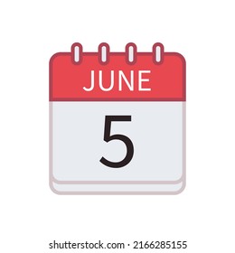 Calendar icon of 5 June. Date and month. Flat vector illustration.