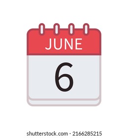 Calendar icon of 6 June. Date and month. Flat vector illustration.