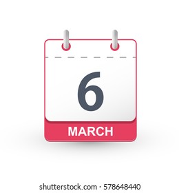 Calendar Icon 6 March. Vector illustration of calendar with the date 6 March.