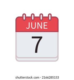 Calendar icon of 7 June. Date and month. Flat vector illustration.