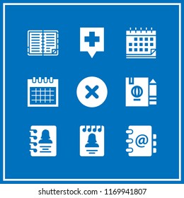 calendar icon. 9 calendar vector set. organizer, hospital pin, address book and agenda icons for web and design about calendar theme