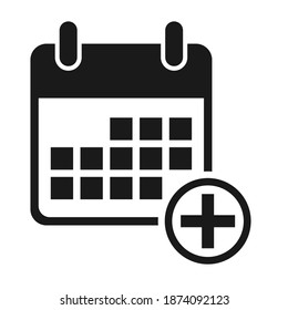 Calendar icon add, date event symbol isolated on white background. Vector web button