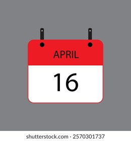 Calendar icon with April 16 date on grey background. Vector schedule symbol.