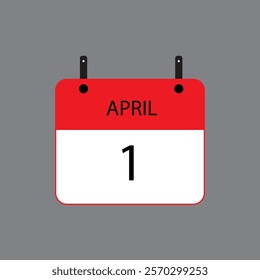 Calendar icon with April 1st date on grey background. Vector schedule symbol.