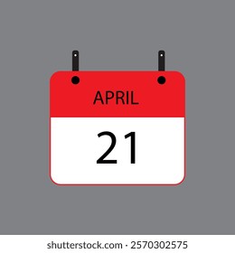 Calendar icon with April 21 date on grey background. Vector schedule symbol.