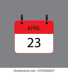 Calendar icon with April 23 date on grey background. Vector schedule symbol.