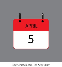 Calendar icon with April 5th date on grey background. Vector schedule symbol.