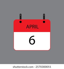 Calendar icon with April 6 date on grey background. Vector schedule symbol.