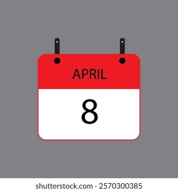 Calendar icon with April 8 date on grey background. Vector schedule symbol.