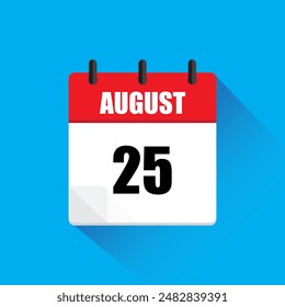 Calendar icon August. Red header design. Twenty fifth August. Vector illustration.