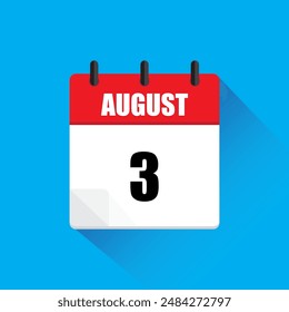 Icono de calendario Agosto. Diseño de cabecera roja. Detalle del 3 de agosto. Ilustración vectorial.