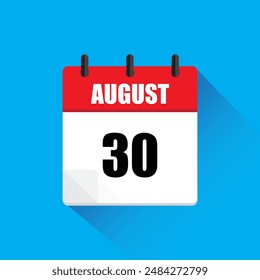 Calendar icon August. Red header design. Thirtieth August detail. Vector illustration.