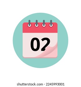 Calendar icon with bent edge effect, diary marking day 02.