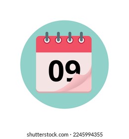 Calendar icon with bent edge effect, diary marking day 09.