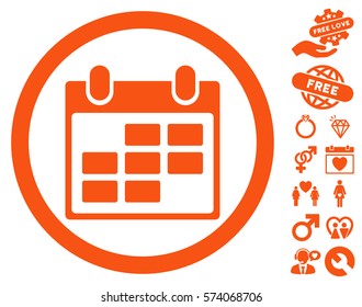 Calendar icon with bonus dating clip art. Vector illustration style is flat rounded iconic orange symbols on white background.
