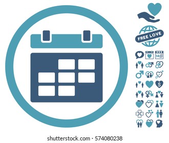 Calendar icon with bonus decoration images. Vector illustration style is flat rounded iconic cyan and blue symbols on white background.