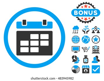 Calendar icon with bonus images. Vector illustration style is flat iconic bicolor symbols, blue and gray colors, white background.