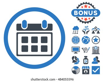 Calendar icon with bonus images. Vector illustration style is flat iconic bicolor symbols, smooth blue colors, white background.