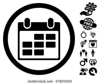 Calendar icon with bonus lovely icon set. Vector illustration style is flat rounded iconic black symbols on white background.