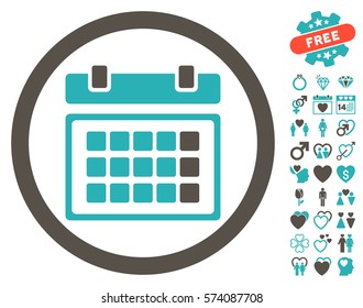 Calendar icon with bonus passion pictograms. Vector illustration style is flat rounded iconic grey and cyan symbols on white background.