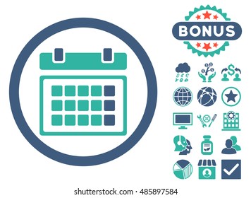 Calendar icon with bonus pictogram. Vector illustration style is flat iconic bicolor symbols, cobalt and cyan colors, white background.