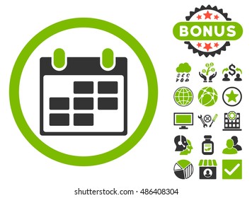 Calendar icon with bonus pictures. Vector illustration style is flat iconic bicolor symbols, eco green and gray colors, white background.
