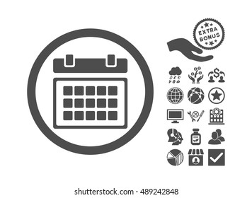 Calendar icon with bonus icon set. Vector illustration style is flat iconic symbols, gray color, white background.