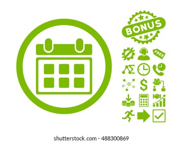 Calendar icon with bonus symbols. Vector illustration style is flat iconic symbols, eco green color, white background.