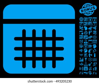 Calendar icon with bonus calendar and time management pictogram. Vector illustration style is flat iconic symbols, blue color, black background.