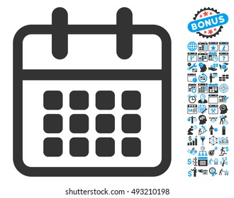 Calendar icon with bonus calendar and time management pictogram. Vector illustration style is flat iconic bicolor symbols, blue and gray colors, white background.