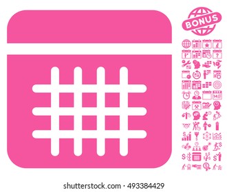 Calendar icon with bonus calendar and time management symbols. Vector illustration style is flat iconic symbols, pink color, white background.