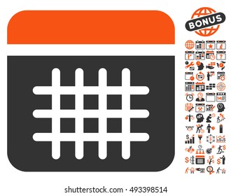 Calendar icon with bonus calendar and time management pictograph collection. Vector illustration style is flat iconic bicolor symbols, orange and gray colors, white background.