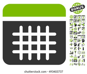 Calendar icon with bonus calendar and time management symbols. Vector illustration style is flat iconic bicolor symbols, eco green and gray colors, white background.