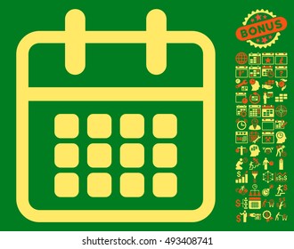 Calendar icon with bonus calendar and time management pictogram. Vector illustration style is flat iconic bicolor symbols, orange and yellow colors, green background.